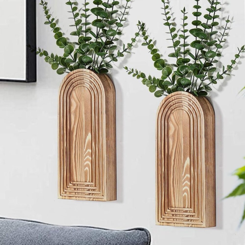 New 2Pack Wooden Wall Vase Set Brown Finish Modern Farmhouse Boho Decor Spaces